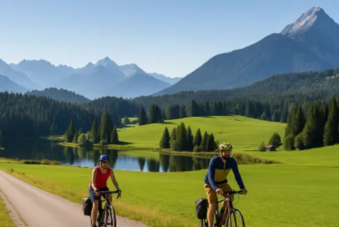 Radfahrer unterwegs durch die Alpenwiese