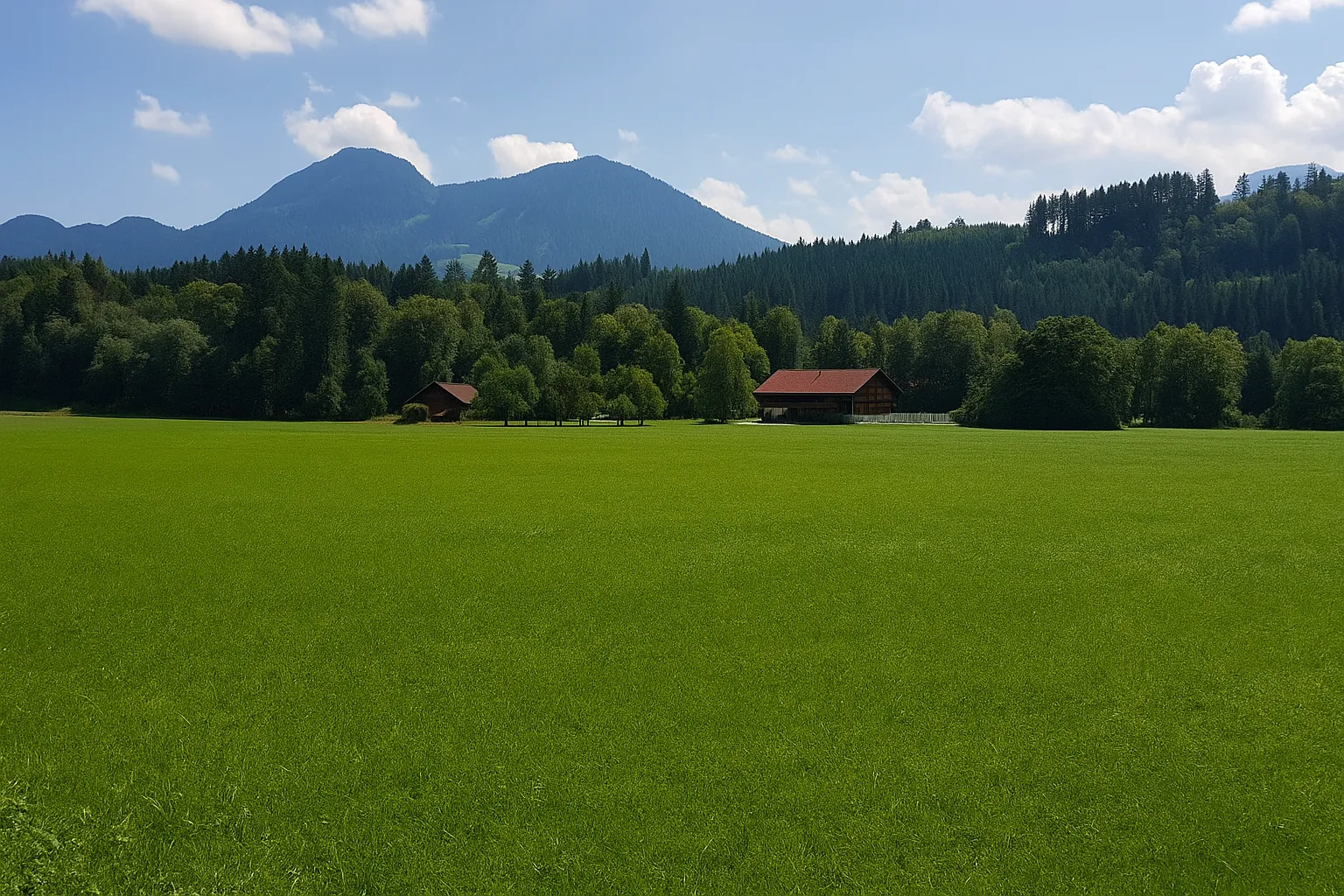 Bauernhöfe am Waldrand mit Alpenpanorama