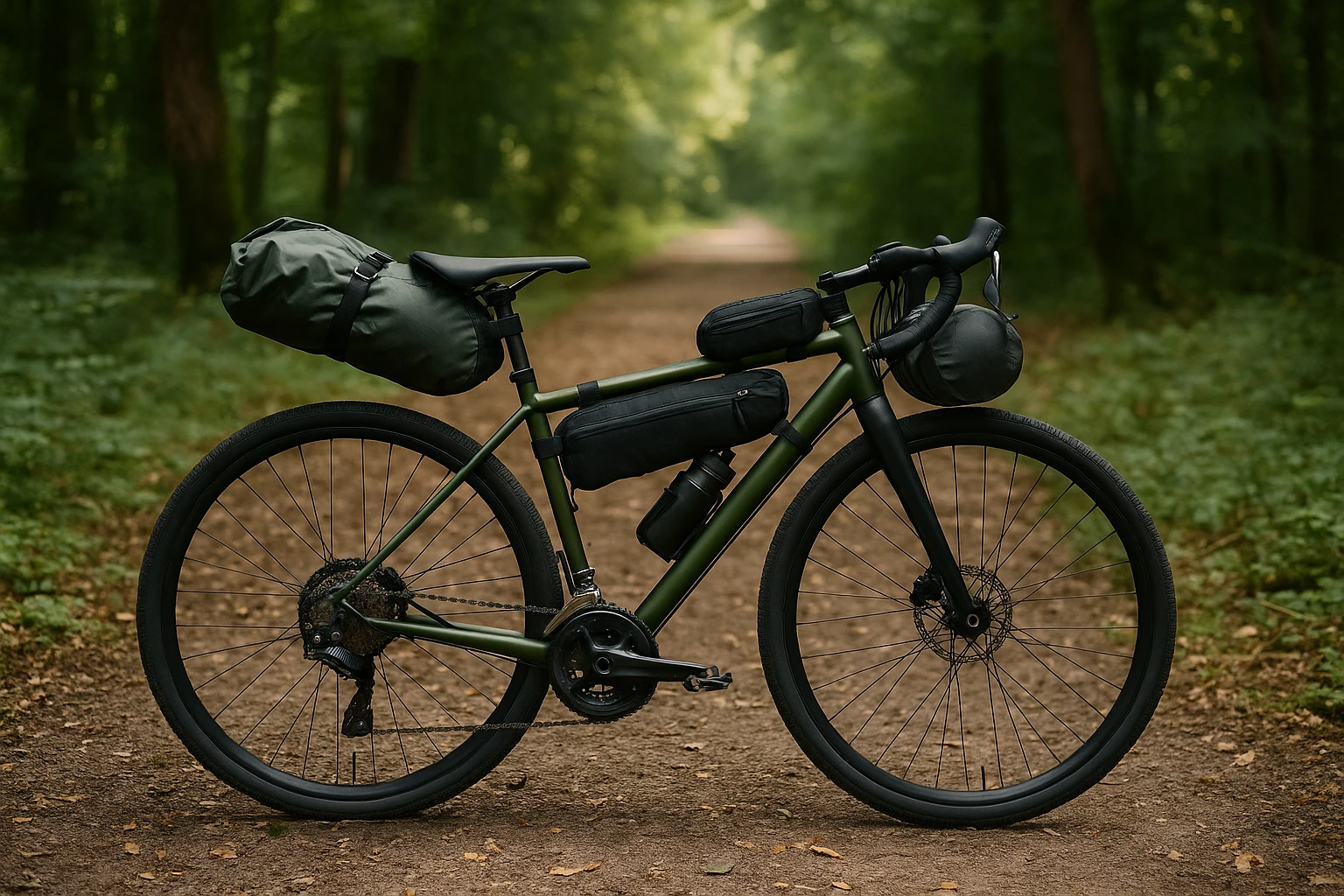 Bikepacking-Ausrüstung auf Waldweg mit Fahrrad, Zelttasche und Lenkertasche