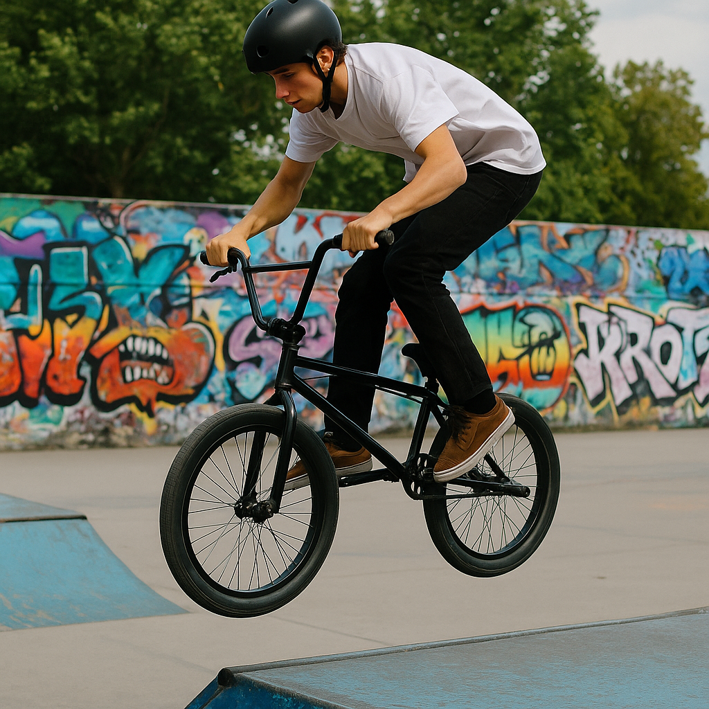 BMX im Skatepark bei einem Sprung mit Graffiti im Hintergrund