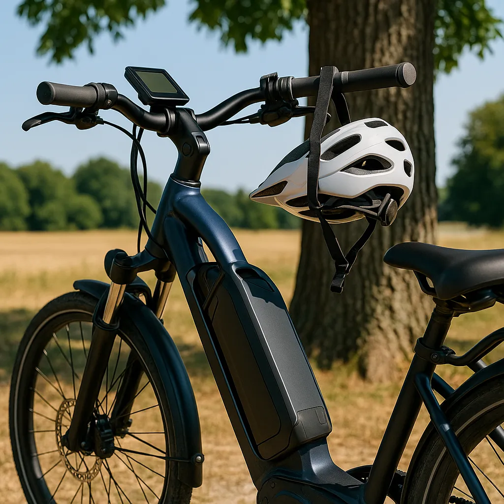 E-Bike im Schatten geparkt mit Fokus auf Akku und Display