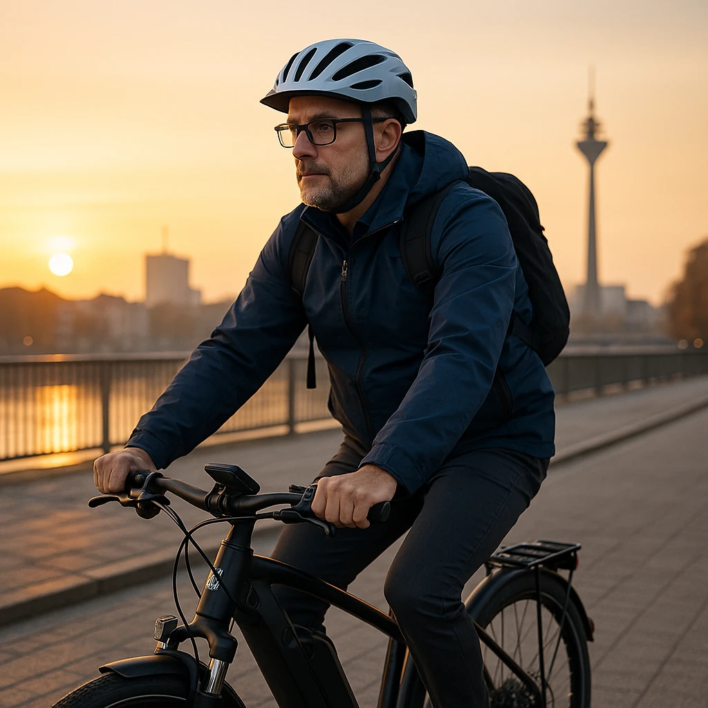 E-Bike Fahrer auf einer urbanen Strecke bei Sonnenaufgang