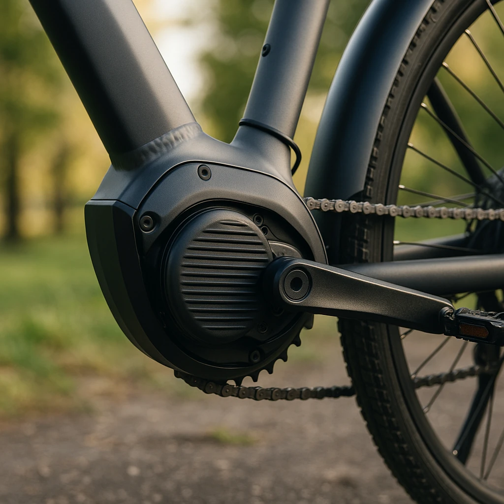 Detailaufnahme eines E-Bike-Motors mit sichtbarem Antriebsgehäuse