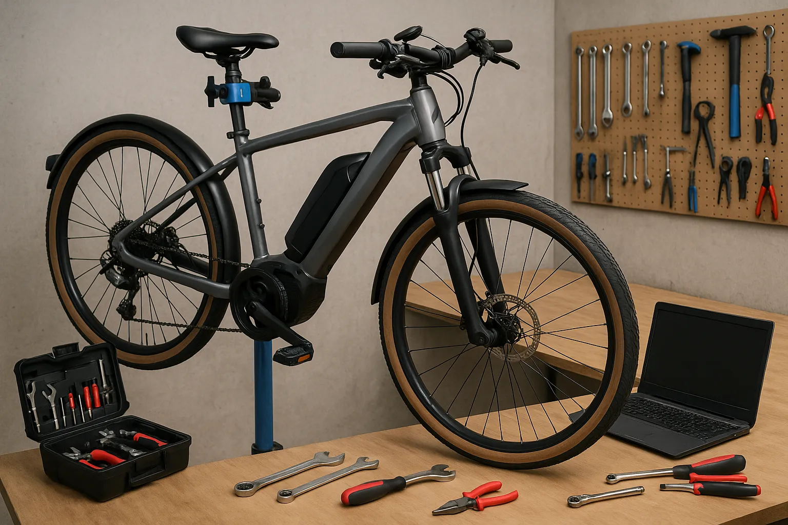 E-Bike auf Werkstattständer mit Werkzeug und Laptop