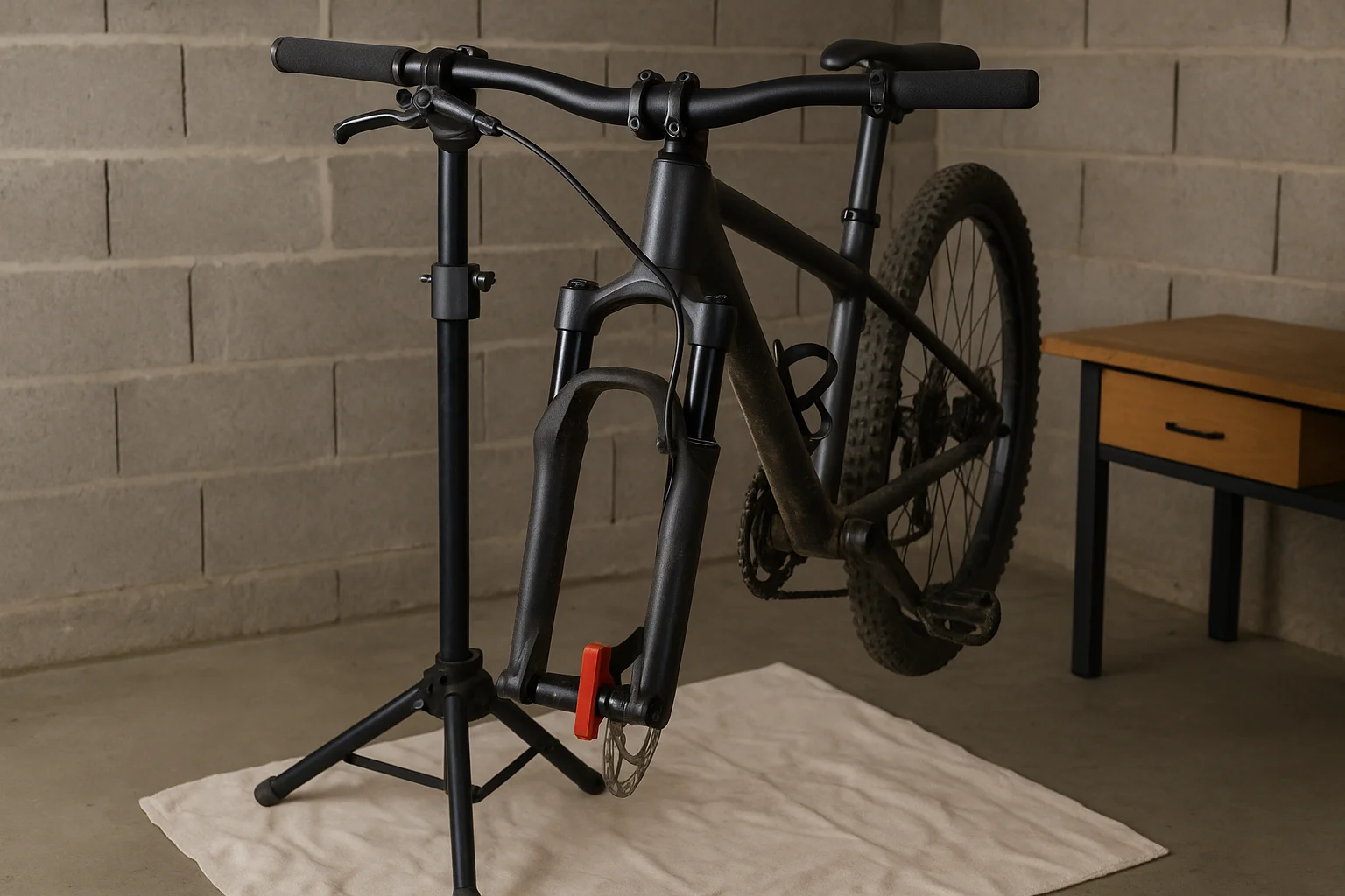 Fahrrad im Montageständer, bereit für Entlüftung