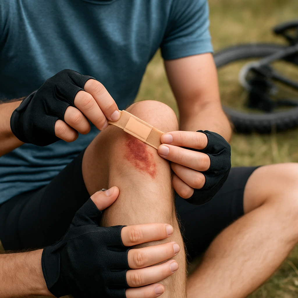 Radfahrer versorgt aufgeschürftes Knie mit Pflaster