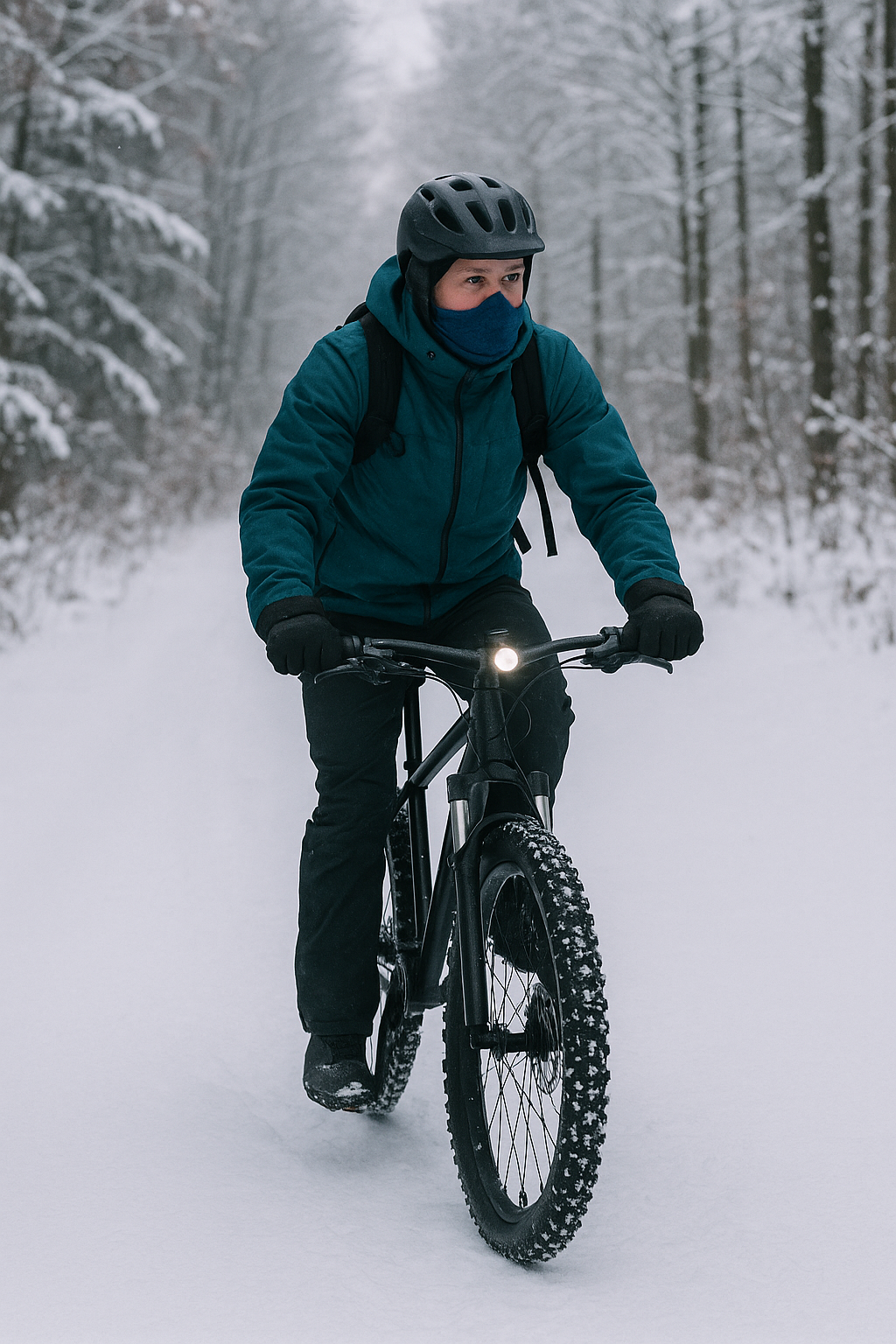 Radfahrer im Winter auf verschneitem Waldweg – winterliches Fahrradmotiv