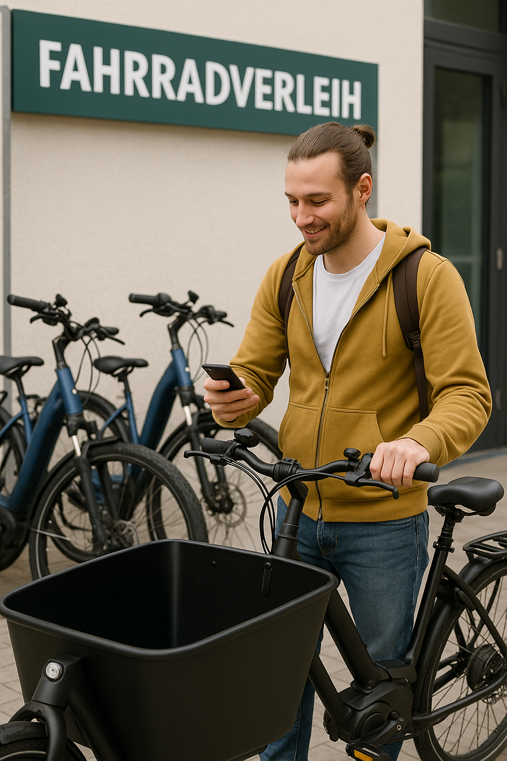 Mann leiht sich ein Lastenrad an einer Fahrradverleih-Station aus und nutzt sein Smartphone zur Ausleihe