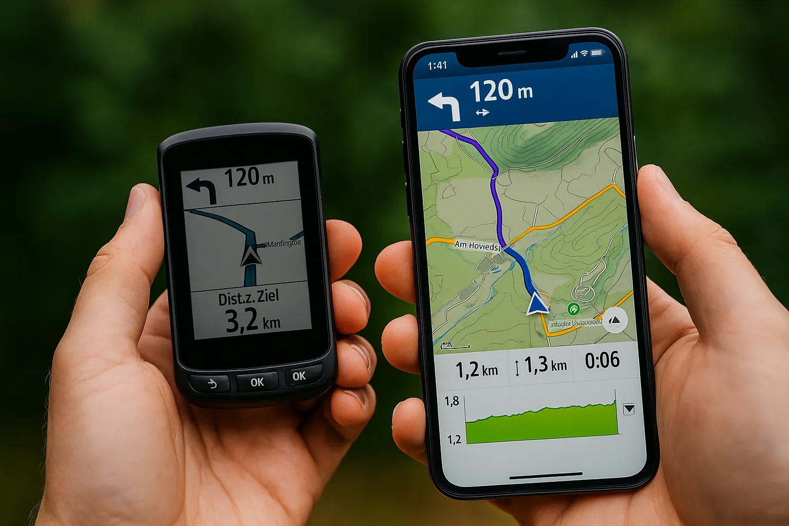 Vergleich: Fahrradnavi und Smartphone mit Kartenanzeige