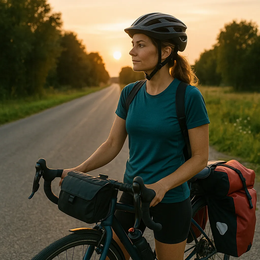 Frau mit Fahrrad auf ruhiger Landstraße im Sonnenuntergang