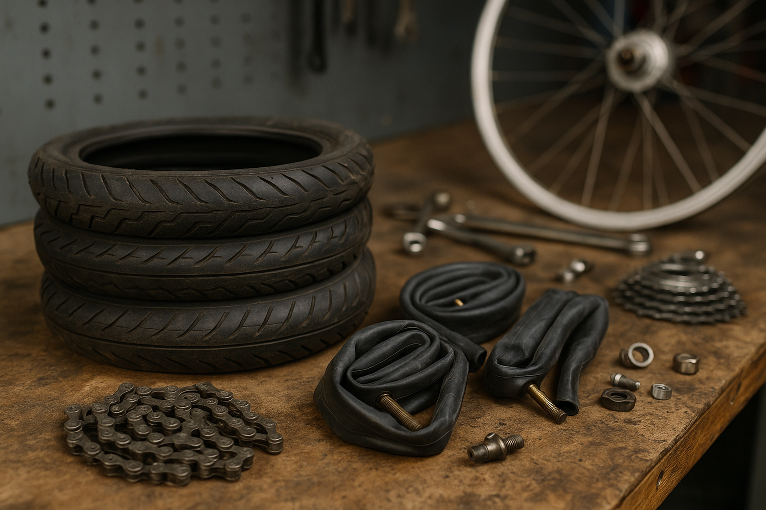 Recycelte Fahrradteile – alte Reifen, Schläuche, Kette und Ritzel auf Werkstatttisch