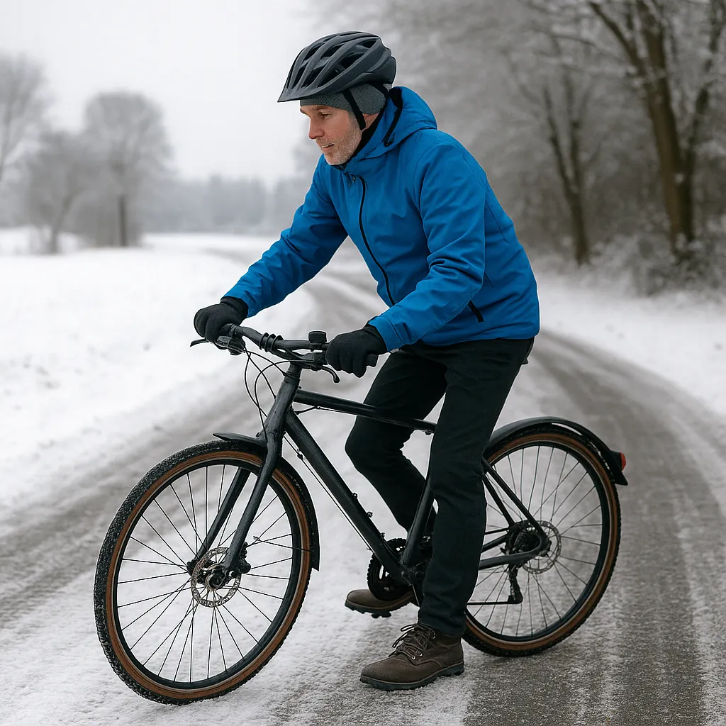 Fahrradfahrer fährt vorsichtig auf verschneiter Straße im Winter – angepasstes Tempo und Blickführung