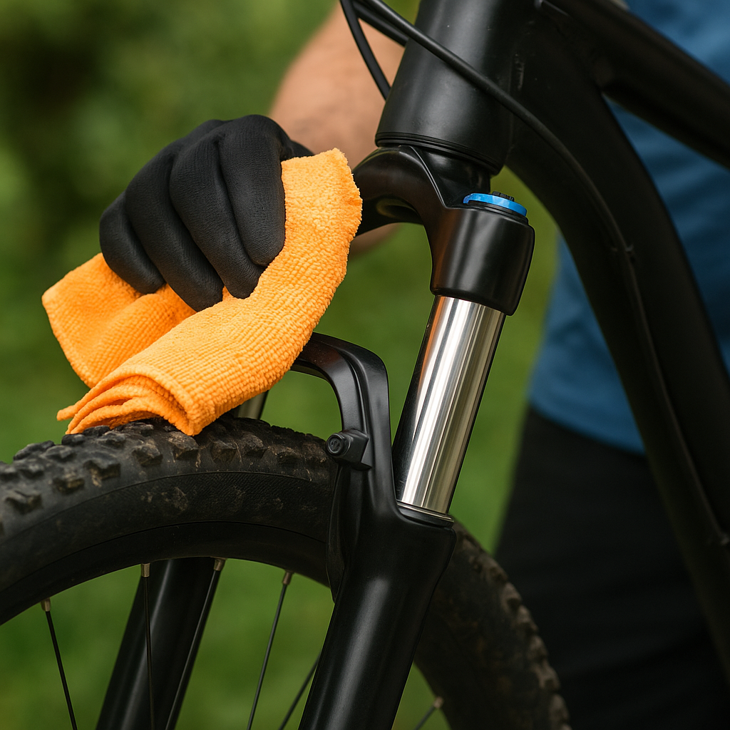 Nahaufnahme: Reinigung der MTB-Federgabel mit Mikrofasertuch und Handschuhen