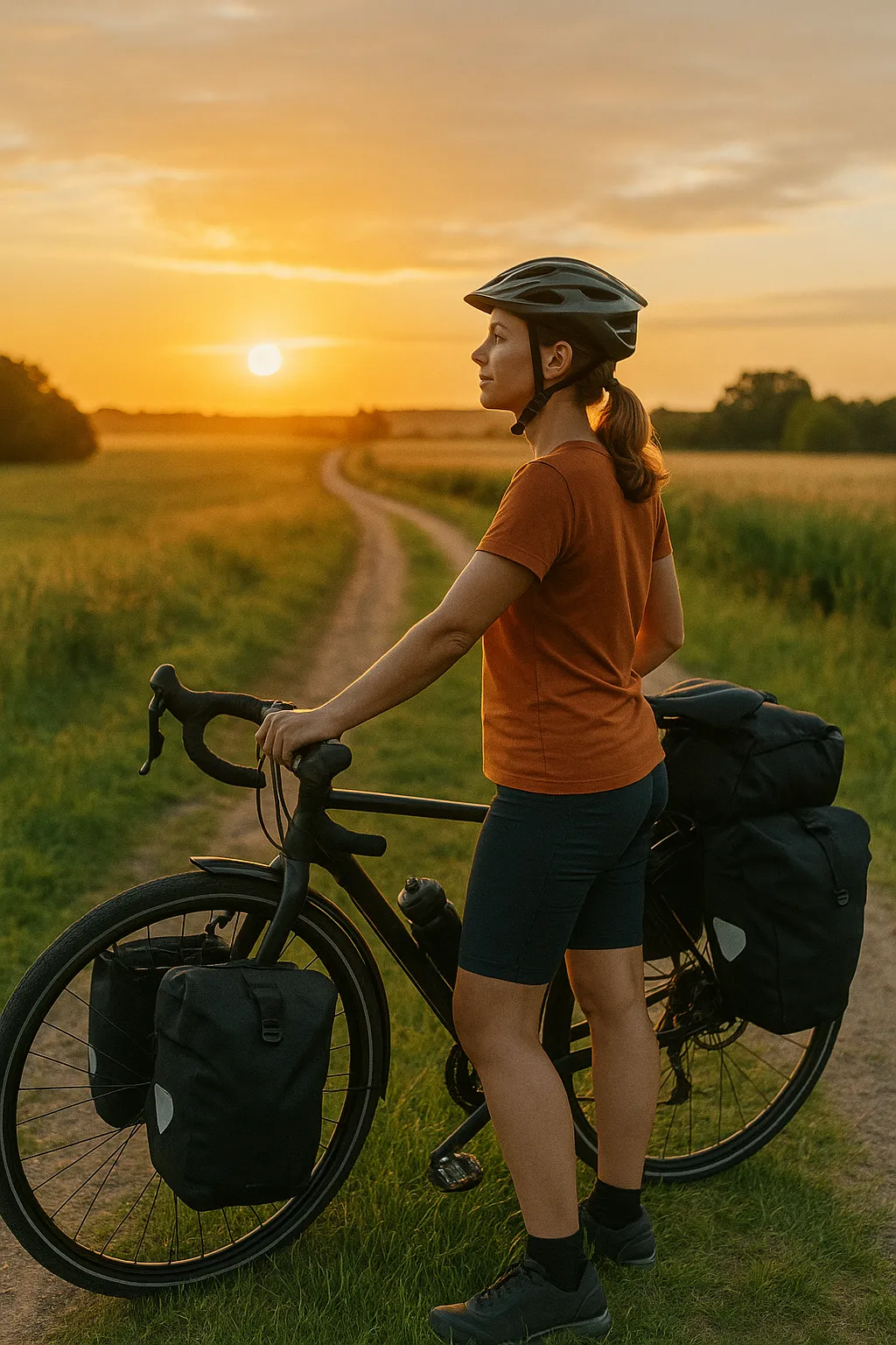 Frau mit vollbepacktem Fahrrad in weiter Landschaft beim Sonnenuntergang
