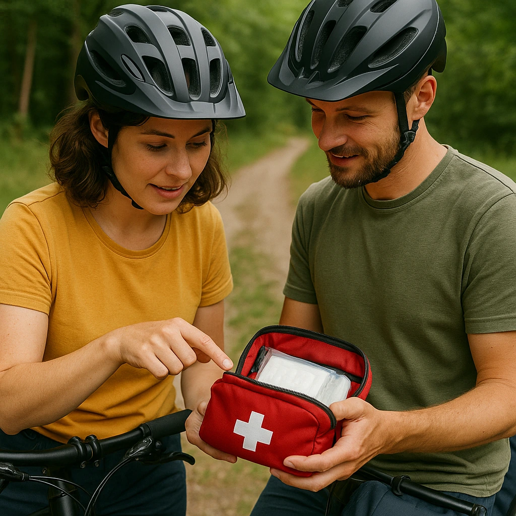 Zwei Radfahrer:innen prüfen Erste-Hilfe-Tasche