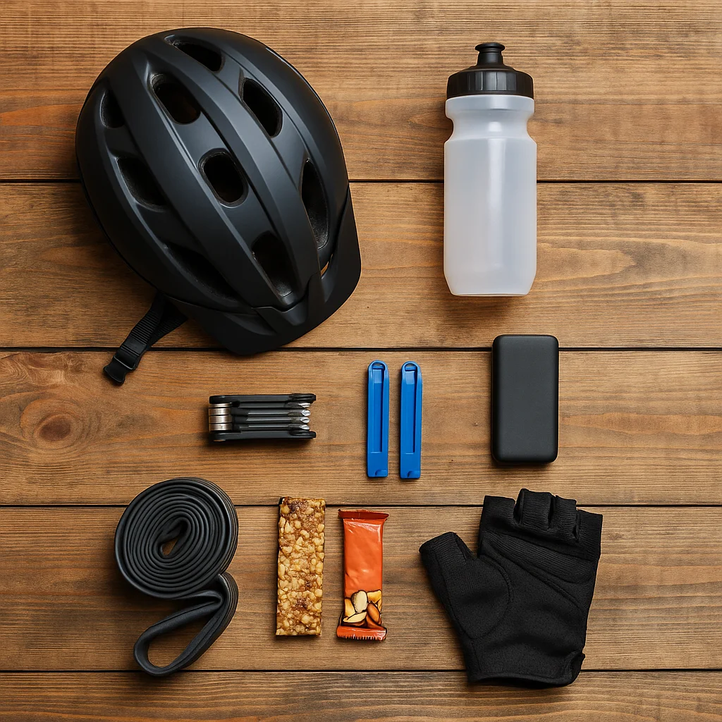 Packliste für Gravelbike-Tour: Helm, Multitool, Reifenheber, Trinkflasche, Powerbank, Snacks und Ersatzschlauch auf Holzdecke