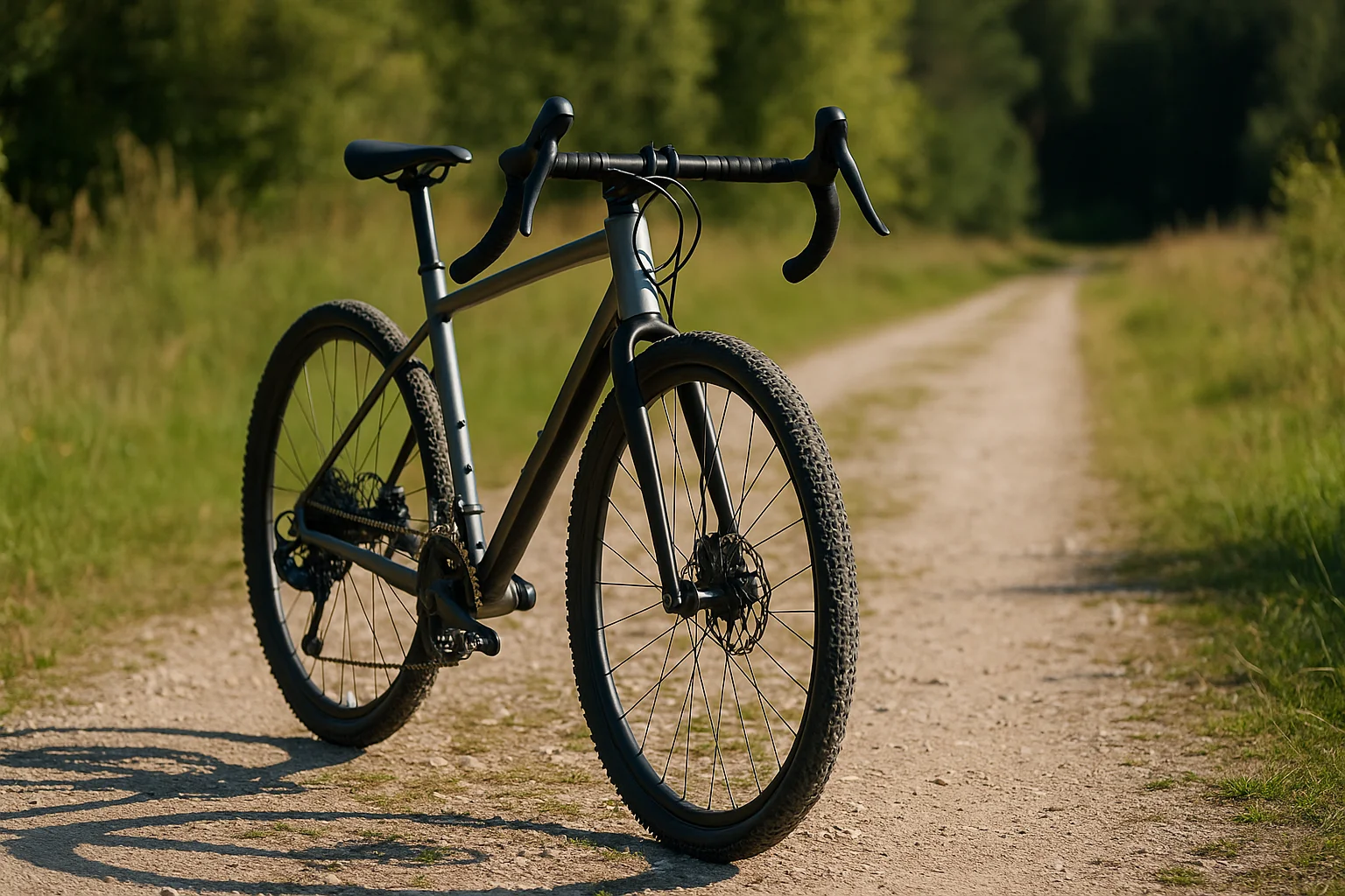 Gravelbike auf Schotterweg mit breiten Reifen und robustem Rahmen