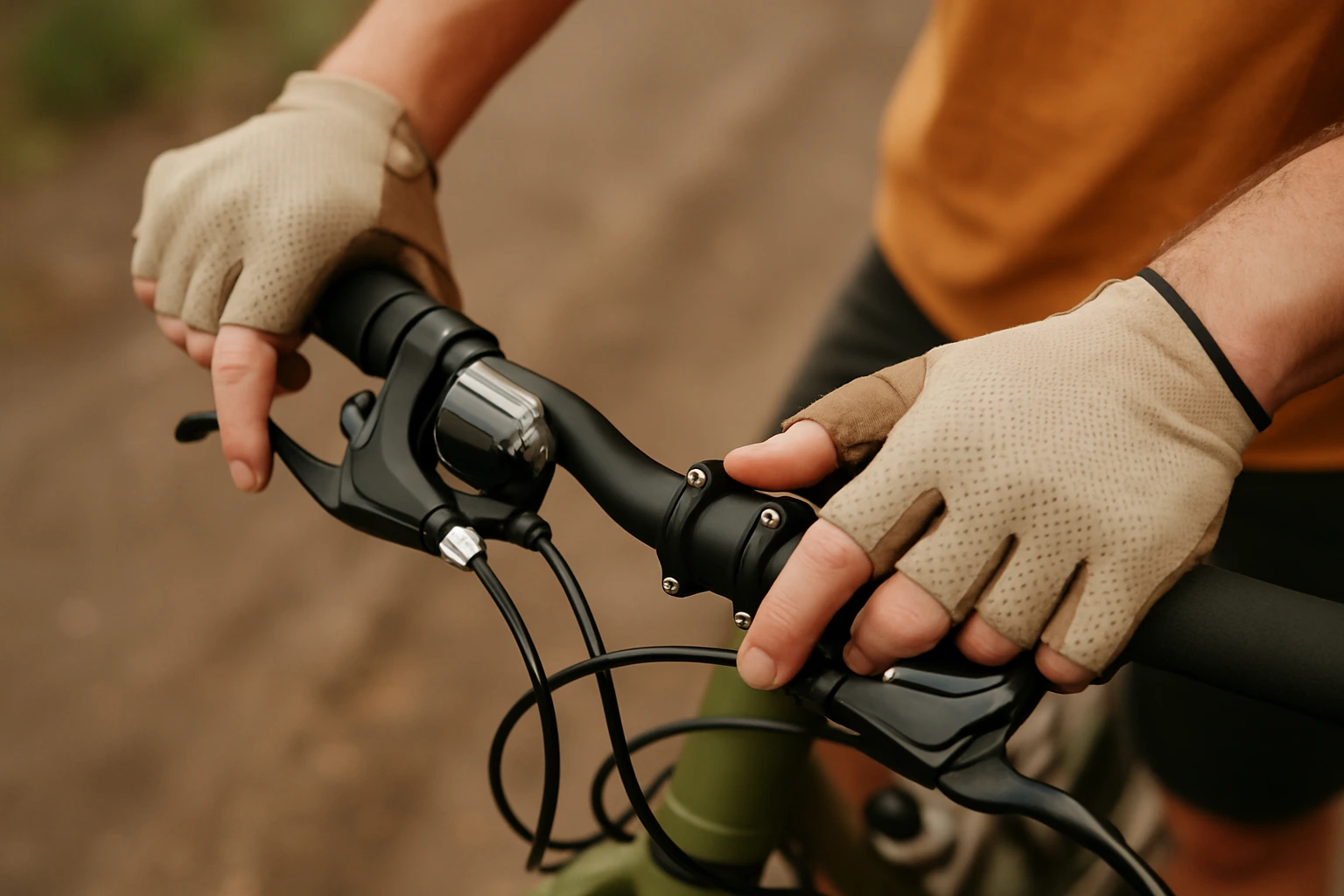 Fahrradfahrer bedient Schalthebel mit Handschuhen am Lenker