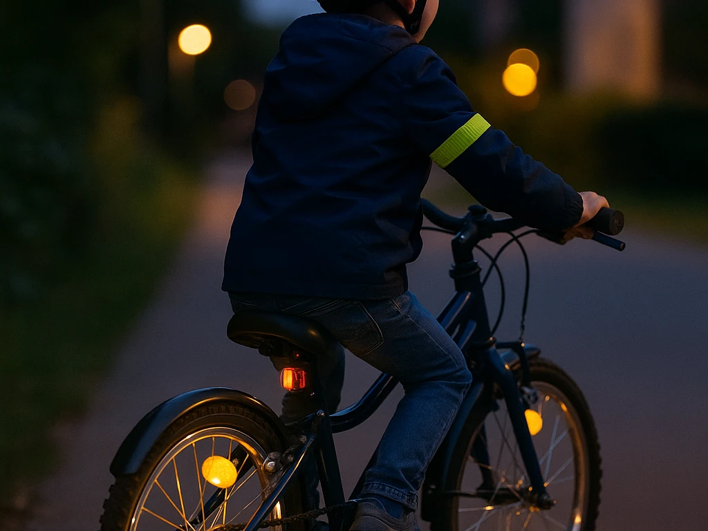 Kind mit Helm und reflektierenden Speichen beim Fahren