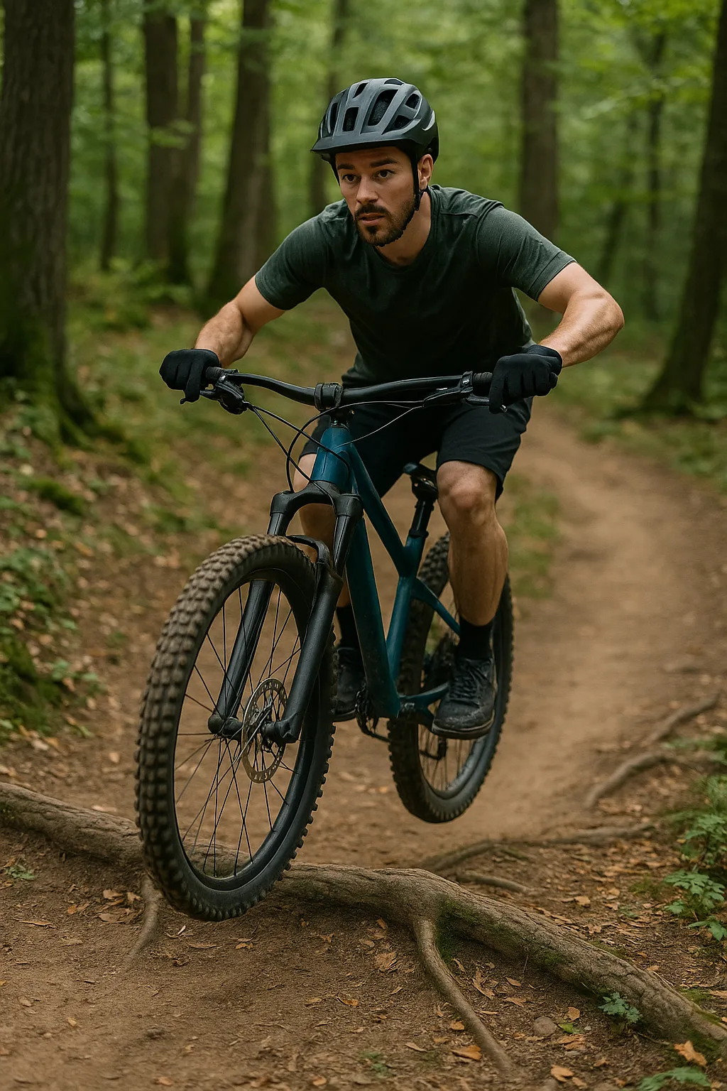 MTB-Fahrer hebt Vorderrad über Wurzel