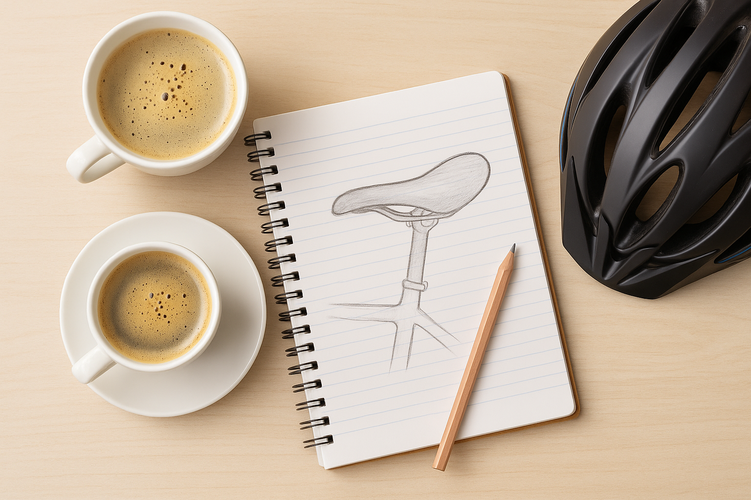 Notizbuch mit Fahrradsattel-Skizze, daneben Kaffee und Fahrradhelm