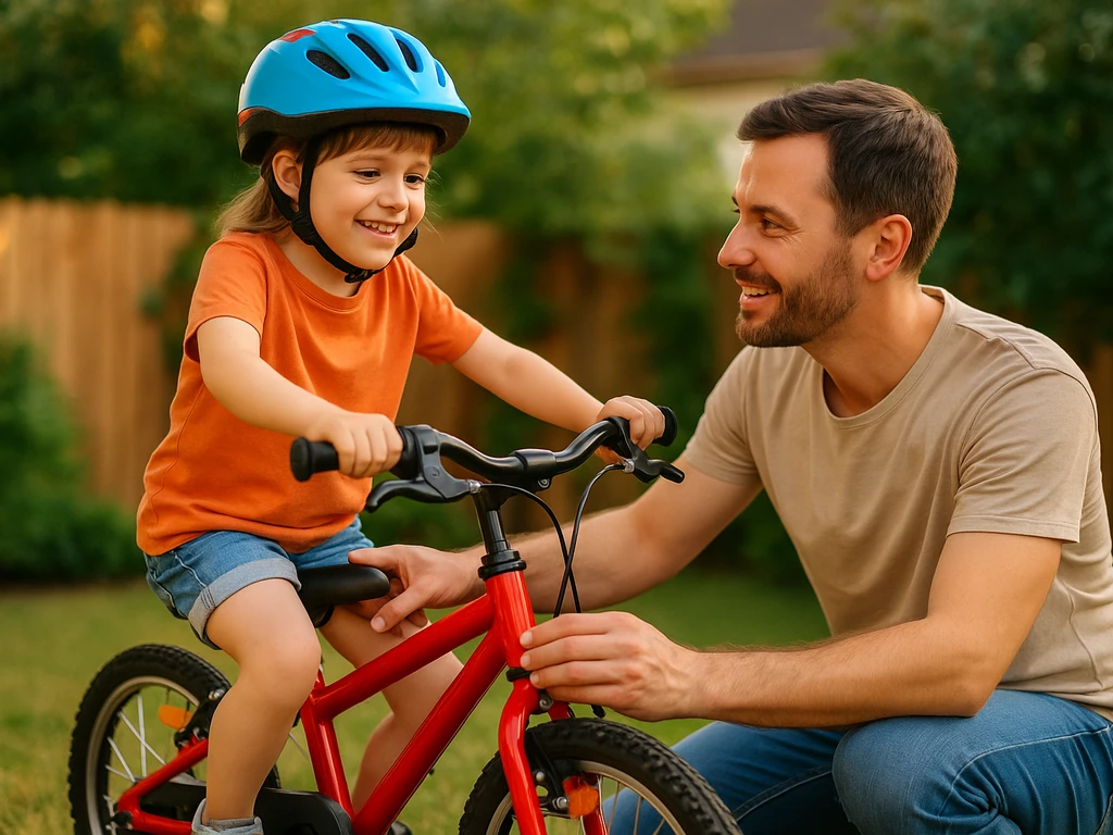 Eltern passen das Kinderfahrrad an – Sattelhöhe einstellen
