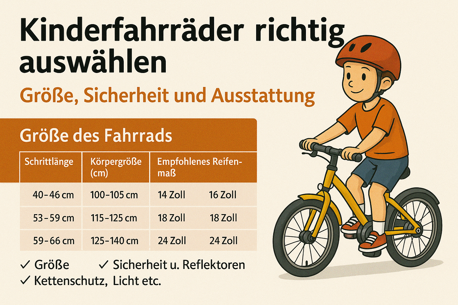 Größentabelle fürs Kinderfahrrad: Schrittlänge, Körpergröße und empfohlenes Reifenmaß im Überblick