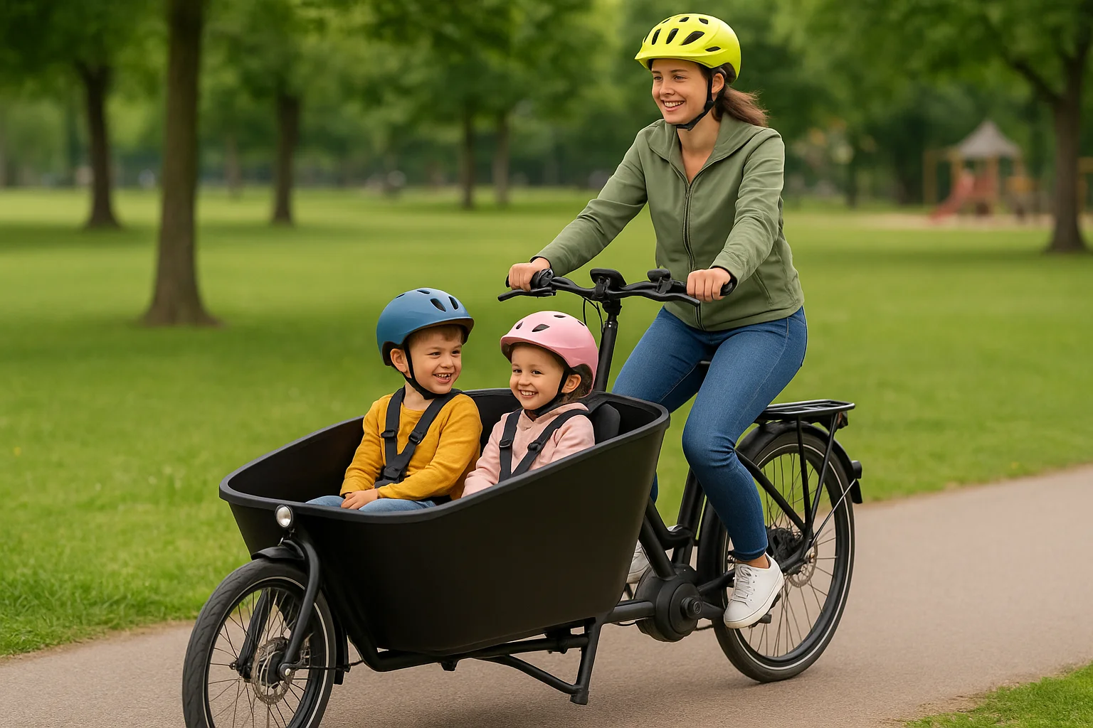 Mutter mit zwei Kindern im Lastenrad im Park