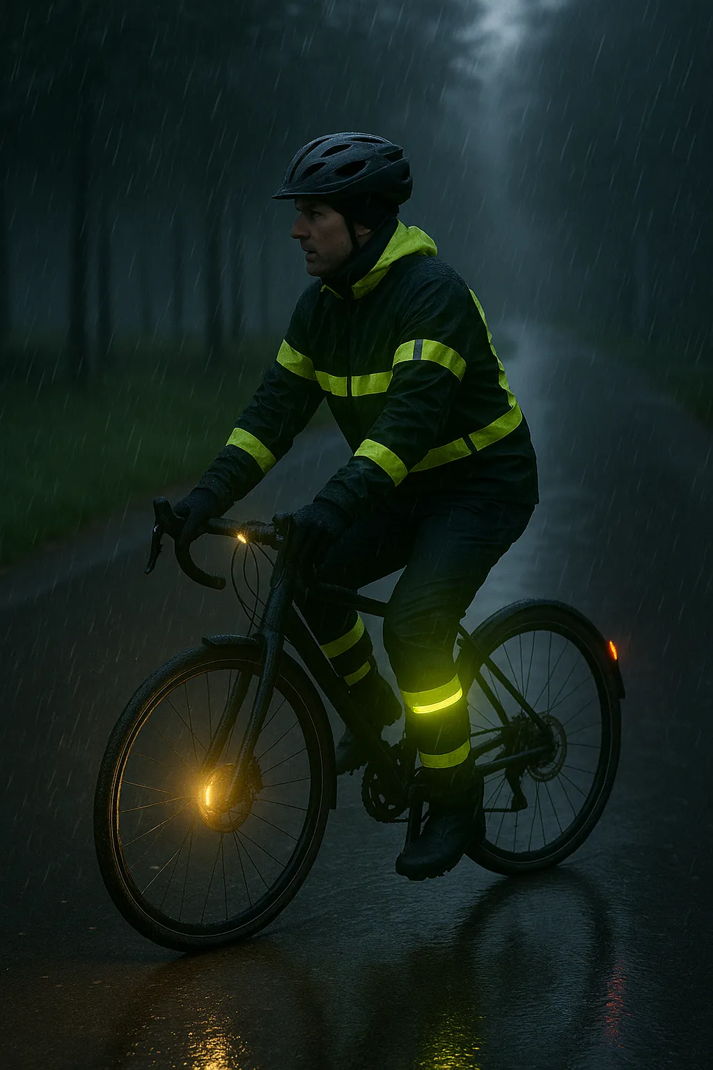 Radfahrer mit reflektierender Kleidung im Regen