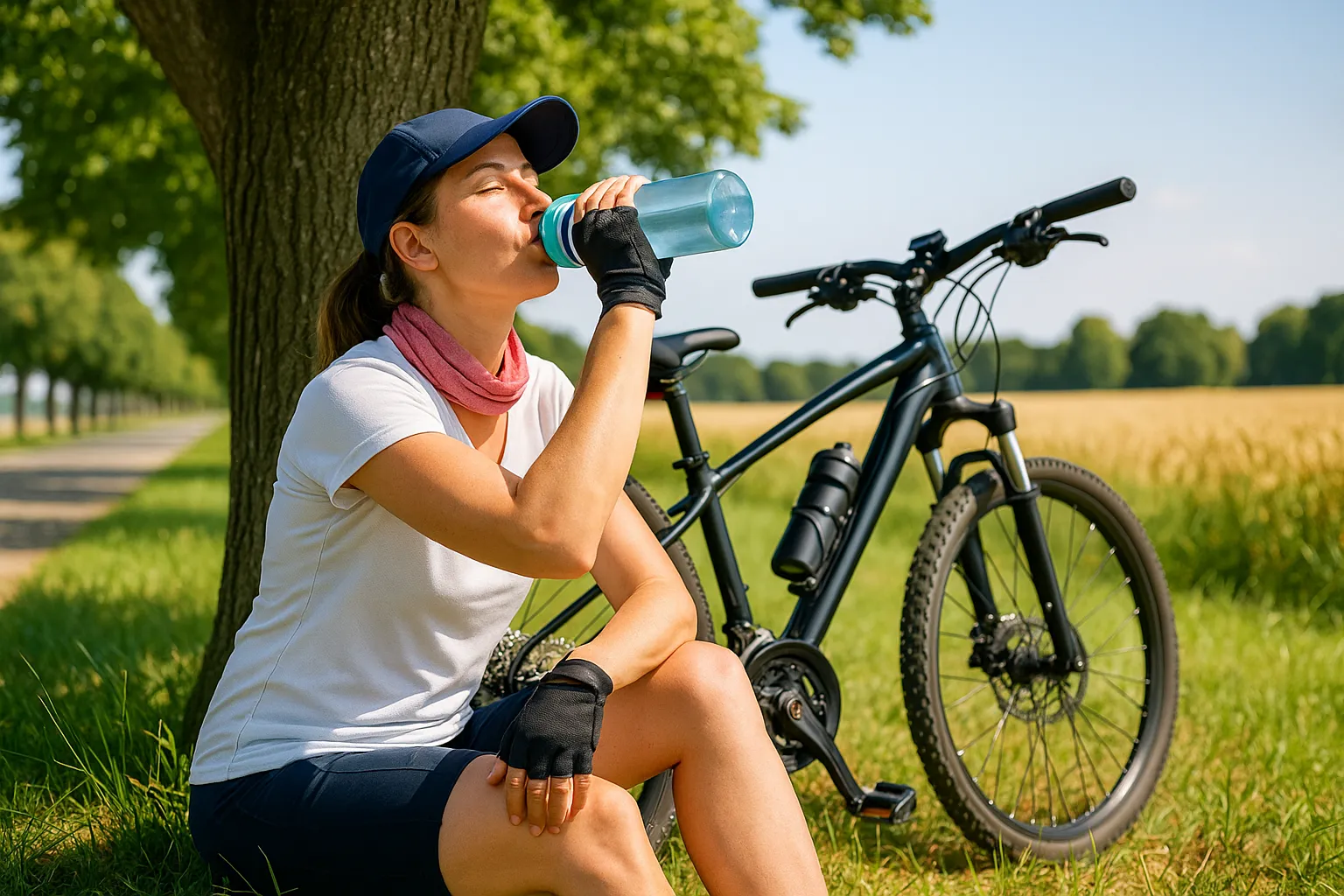 Radfahrerin macht im Schatten einer Allee Trinkpause mit Wasserflasche