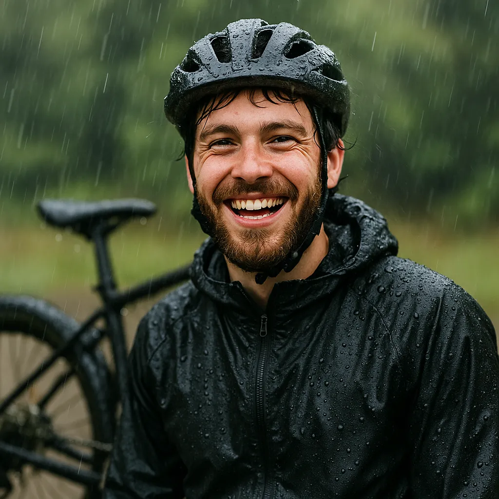 Durchnässter Radfahrer grinst in die Kamera