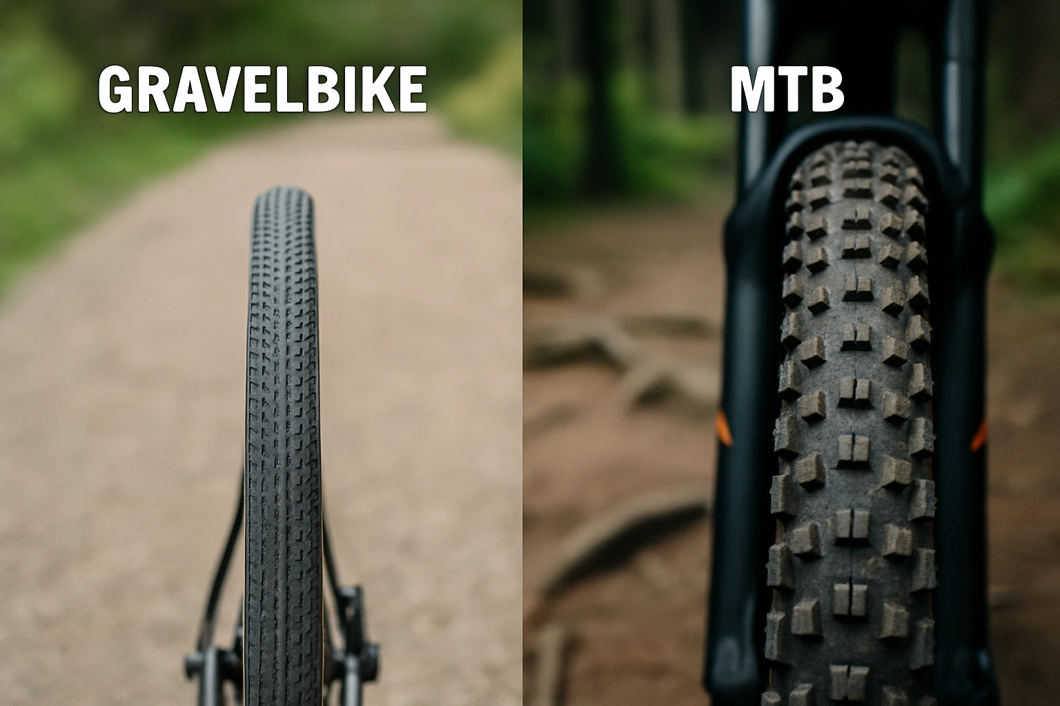 Reifenvergleich von MTB und Gravelbike: Breiter Stollenreifen für MTB vs. schmaler Profilreifen für Gravelbike, direkt nebeneinander auf Waldweg und Schotter