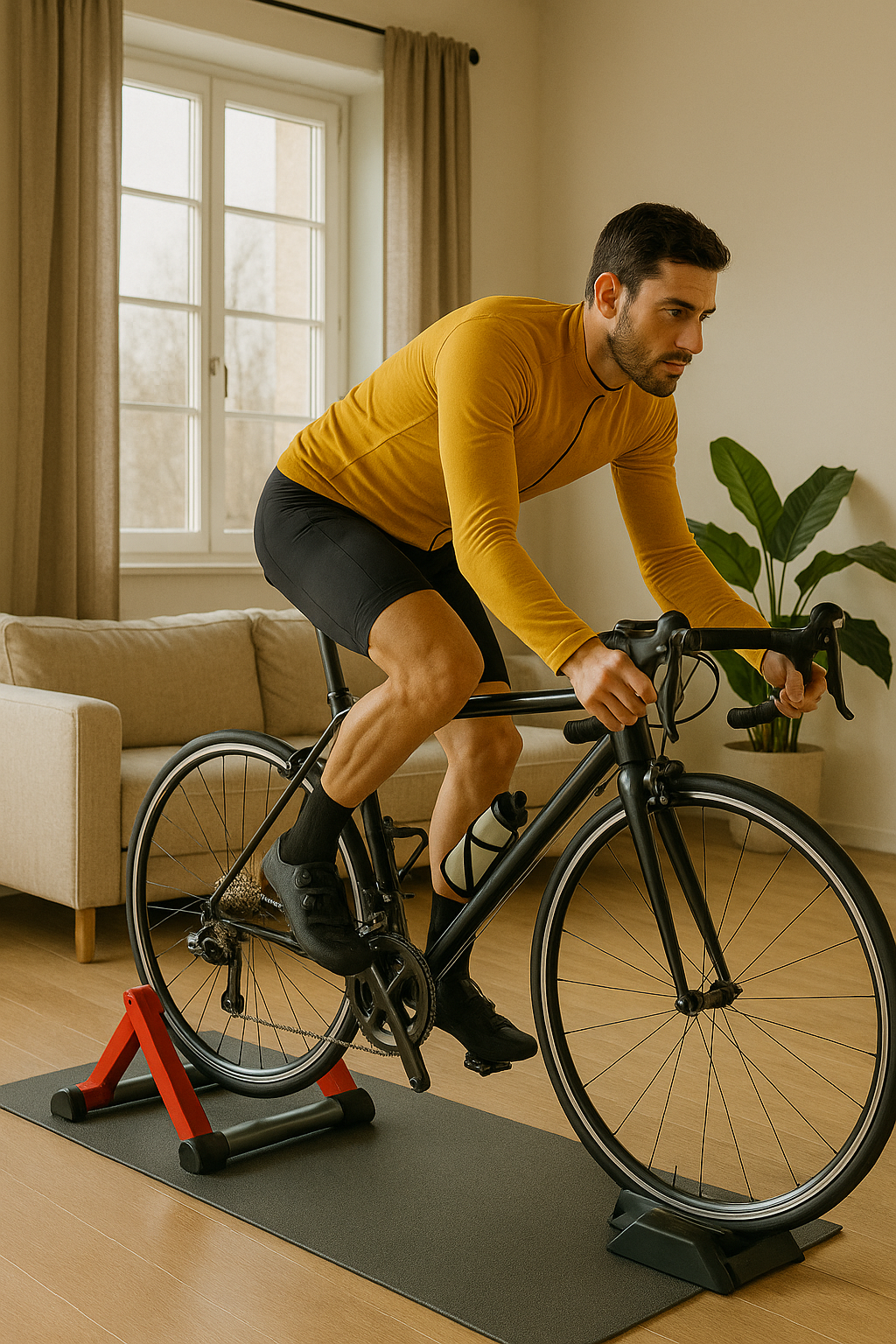 Radfahrer trainiert auf Rollentrainer im Wohnzimmer