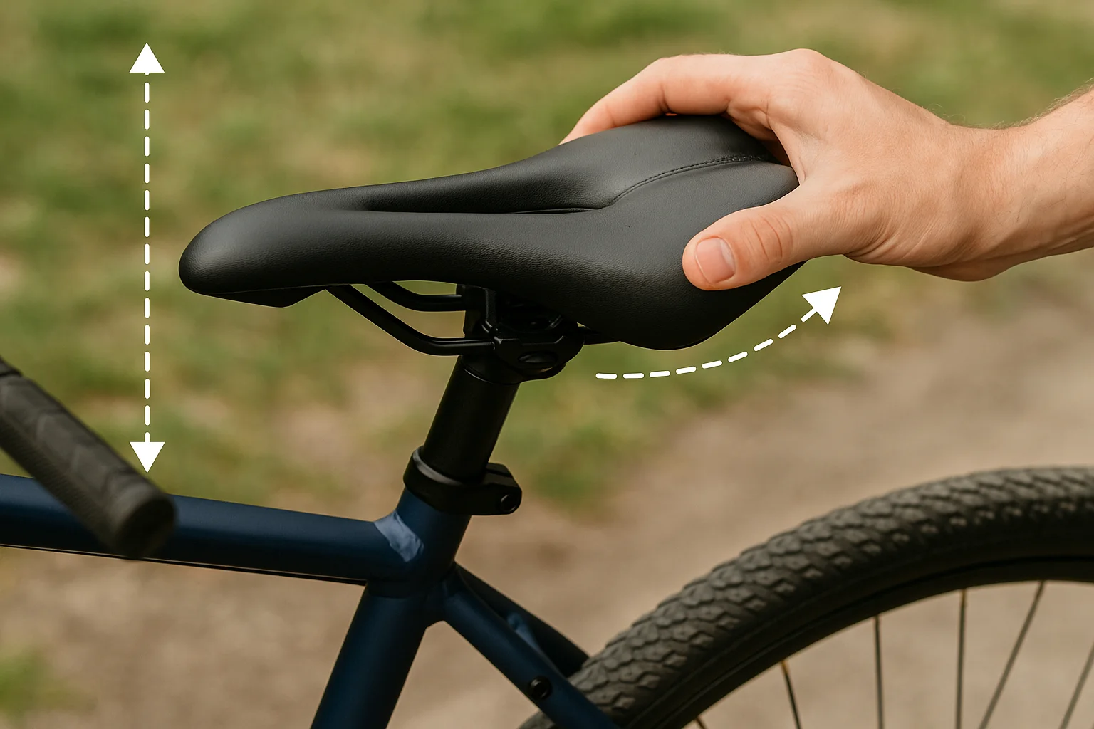 Sattel auf Fahrrad montiert, Sattelhöhe und -neigung prüfen