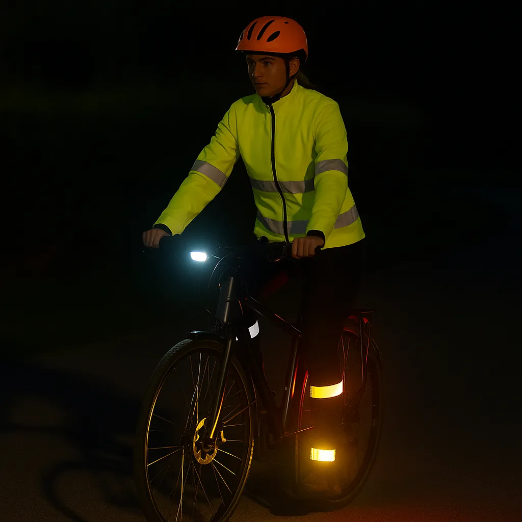 Fahrradfahrer mit reflektierender Kleidung und Beleuchtung bei Nacht