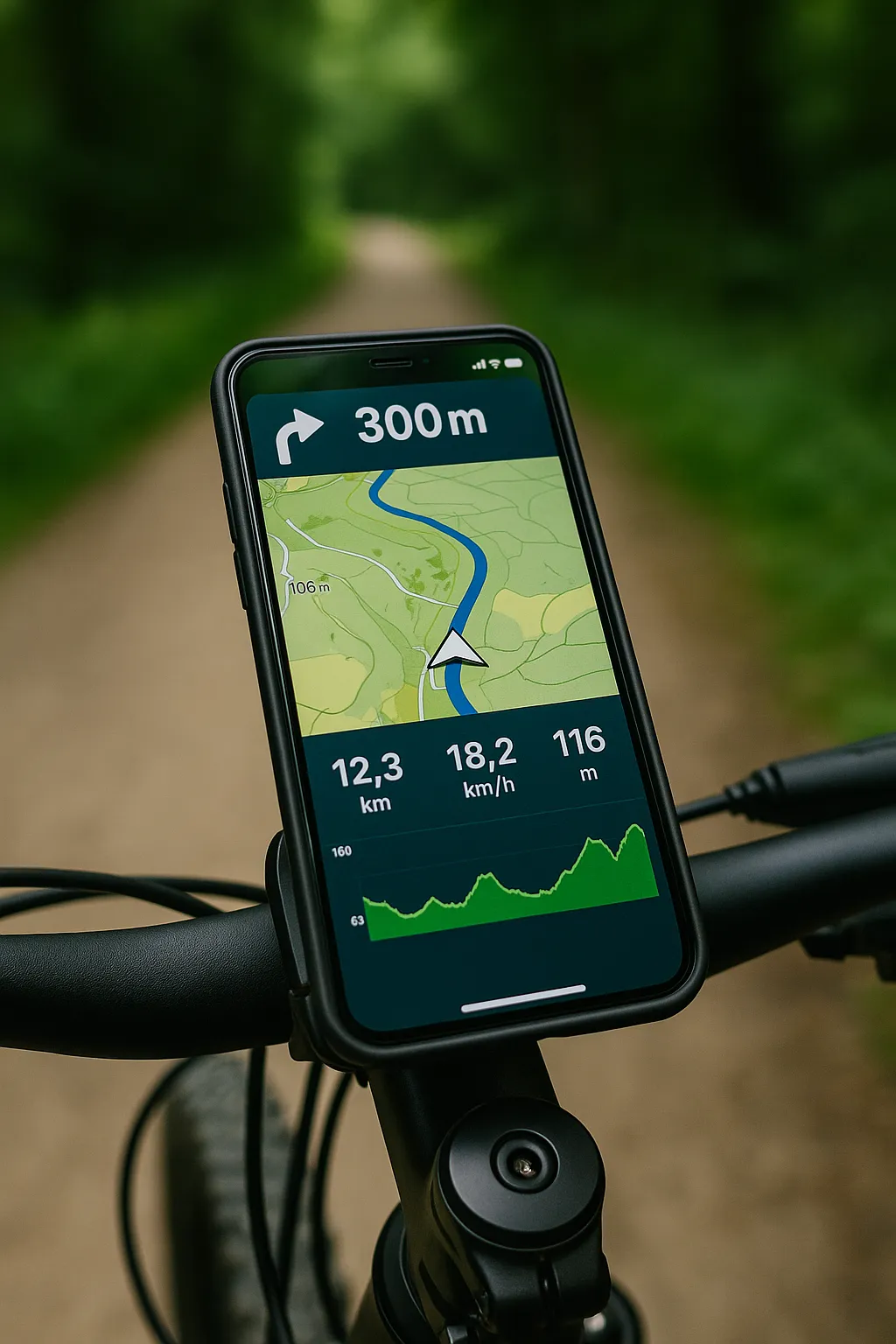 Smartphone mit Navi-App am Fahrradlenker