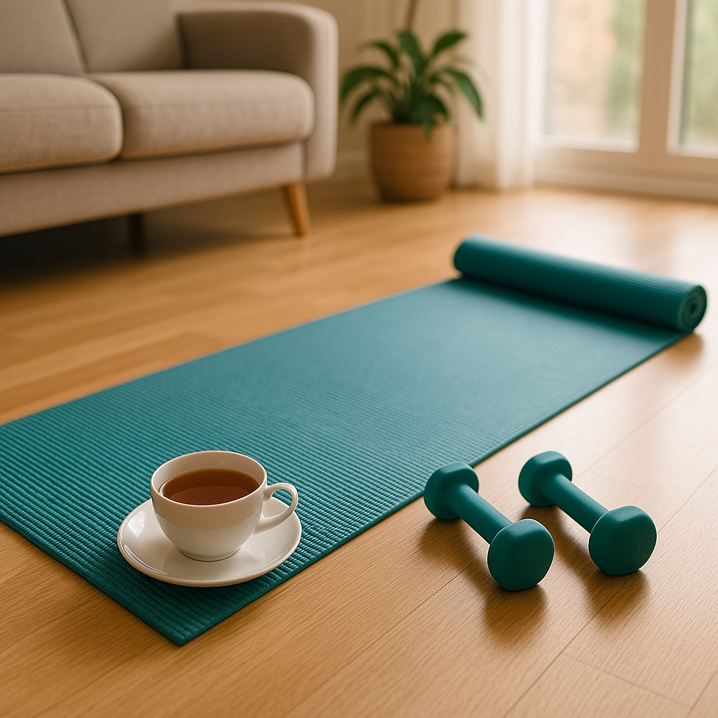 Yoga-Matte, Tee und kleine Hanteln im Wohnzimmer