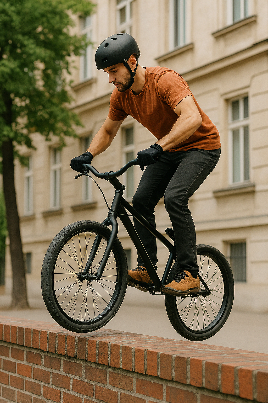 Trialbike Fahrer balanciert auf einer Mauer in der Stadt
