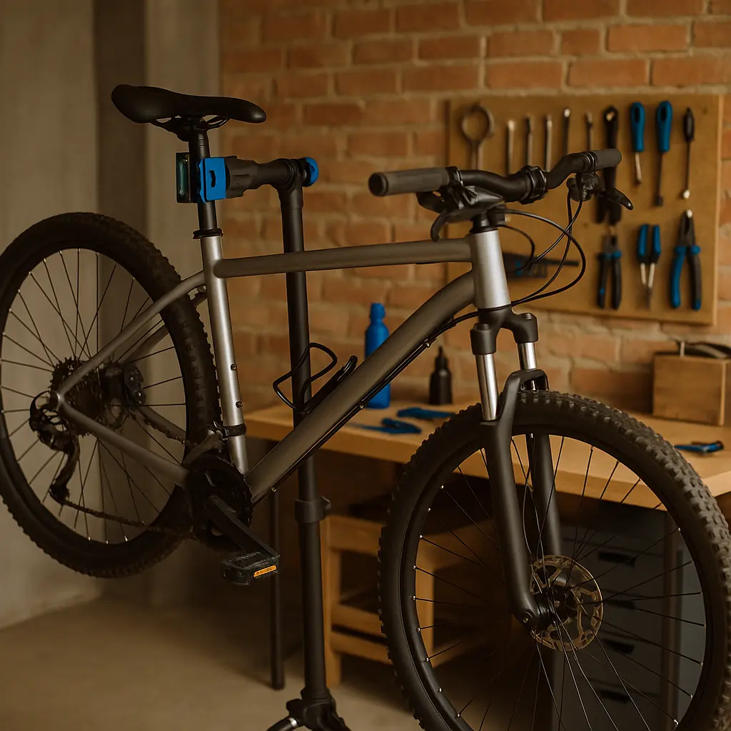 Fahrrad in Werkstatt auf Montageständer