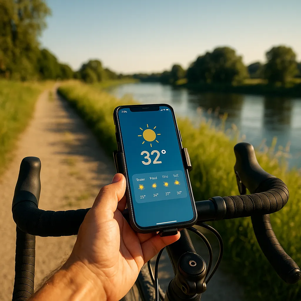 Fahrradlenker mit Smartphone und Wetter-App bei sommerlicher Tour